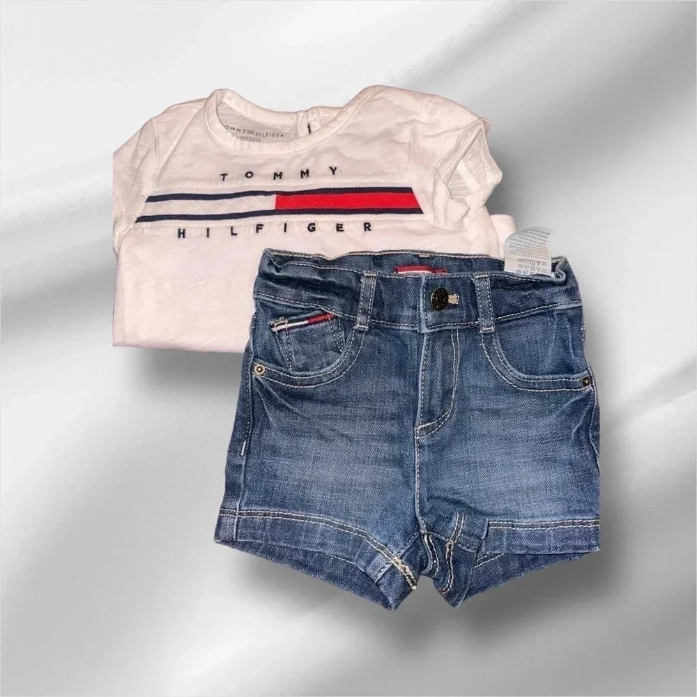 TOMMY HILFIGER KIDS' EMBROIDERED FLAG LOGO T-SHIRT & JEAN SHORTS